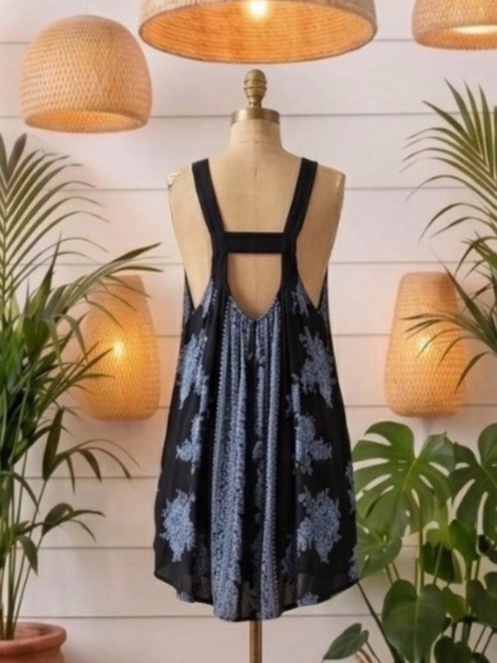 Free People Black Tank Dress with Blue Floral Print